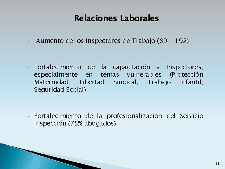 Relaciones Laborales § § § Aumento de los Inspectores de Trabajo (89 192) Fortalecimiento