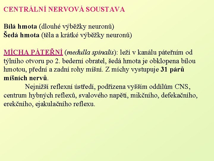 CENTRÁLNÍ NERVOVÁ SOUSTAVA Bílá hmota (dlouhé výběžky neuronů) Šedá hmota (těla a krátké výběžky