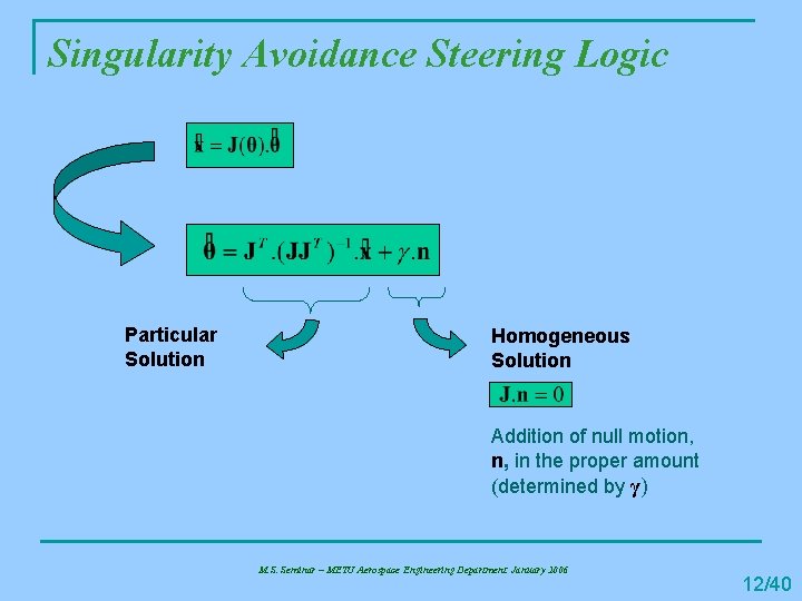 Singularity Avoidance Steering Logic Particular Solution Homogeneous Solution Addition of null motion, n, in
