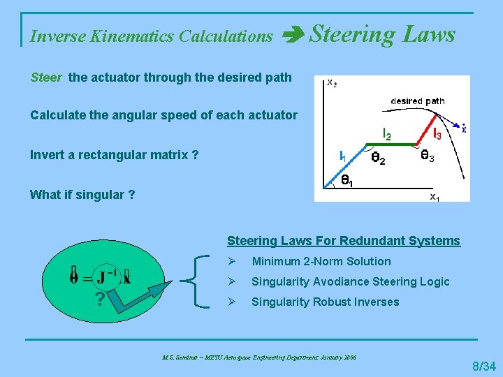 Inverse Kinematics Calculations Steering Laws Steer the actuator through the desired path Calculate the