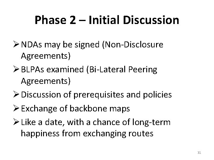 Phase 2 – Initial Discussion NDAs may be signed (Non-Disclosure Agreements) BLPAs examined (Bi-Lateral