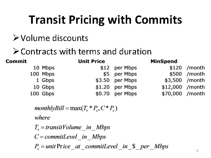 Transit Pricing with Commits Volume discounts Contracts with terms and duration 9 