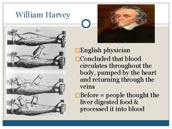 William Harvey �English physician �Concluded that blood circulates throughout the body, pumped by the