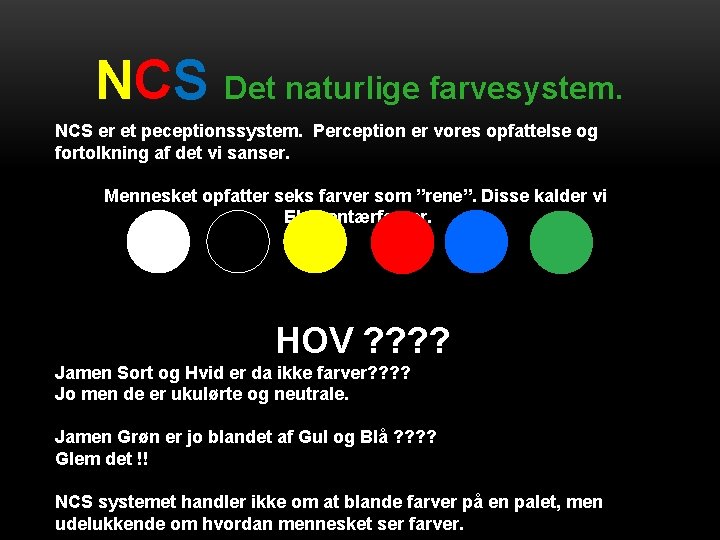 NCS Det naturlige farvesystem. NCS er et peceptionssystem. Perception er vores opfattelse og fortolkning