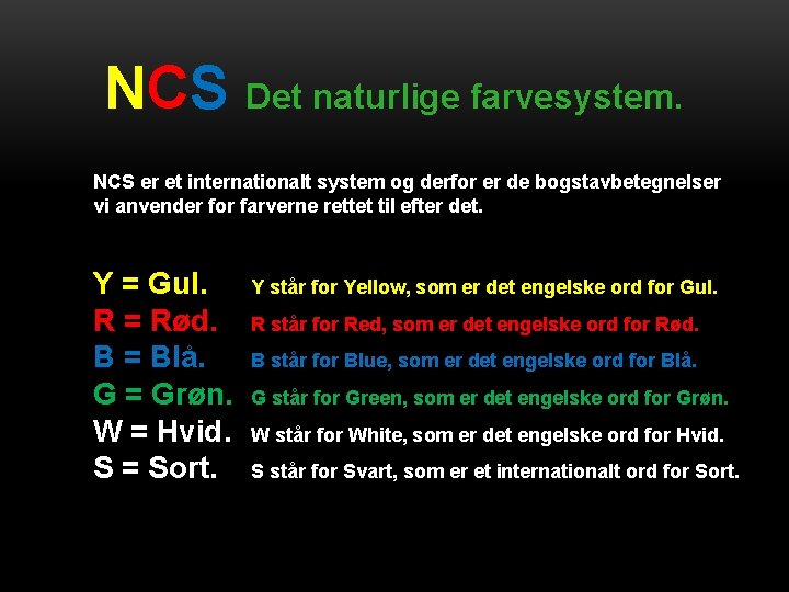 NCS Det naturlige farvesystem. NCS er et internationalt system og derfor er de bogstavbetegnelser