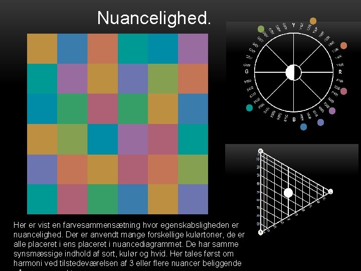 Nuancelighed. Her er vist en farvesammensætning hvor egenskabsligheden er nuancelighed. Der er anvendt mange