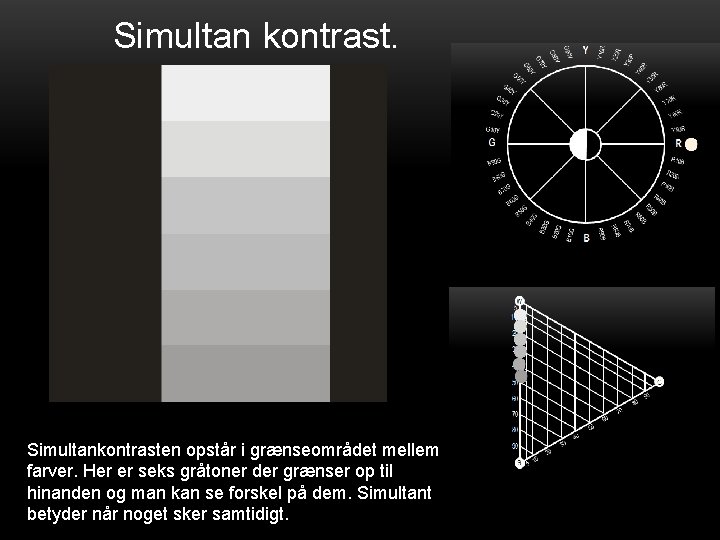 Simultan kontrast. Simultankontrasten opstår i grænseområdet mellem farver. Her er seks gråtoner der grænser