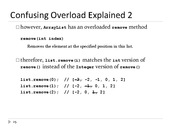 Confusing Overload Explained 2 � however, Array. List has an overloaded remove method remove(int Confusing Overload Explained 2 � however, Array. List has an overloaded remove method remove(int