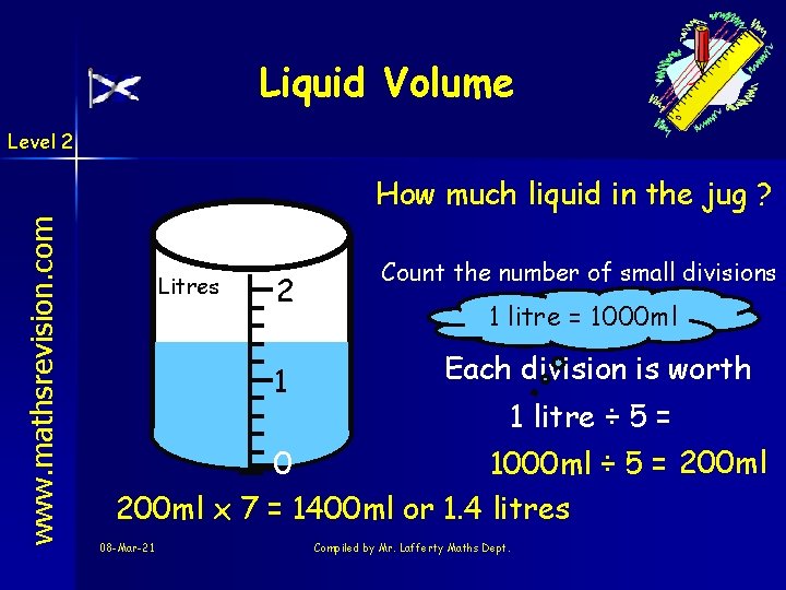 Liquid Volume Level 2 www. mathsrevision. com How much liquid in the jug ?