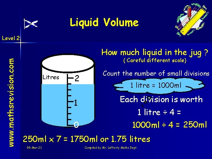Liquid Volume Level 2 www. mathsrevision. com How much liquid in the jug ?