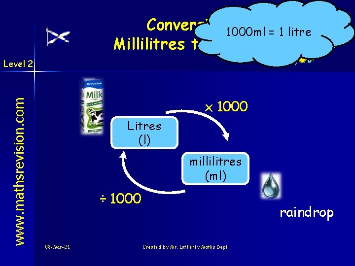 Conversion 1000 ml = 1 litre Millilitres to Litres www. mathsrevision. com Level 2