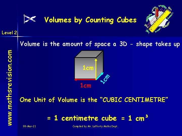 Volumes by Counting Cubes Level 2 m 1 cm 1 c www. mathsrevision. com