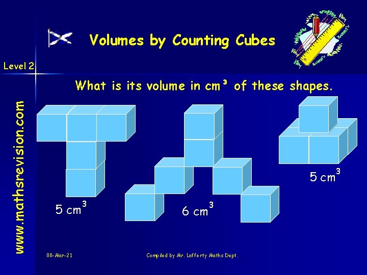 Volumes by Counting Cubes Level 2 www. mathsrevision. com What is its volume in