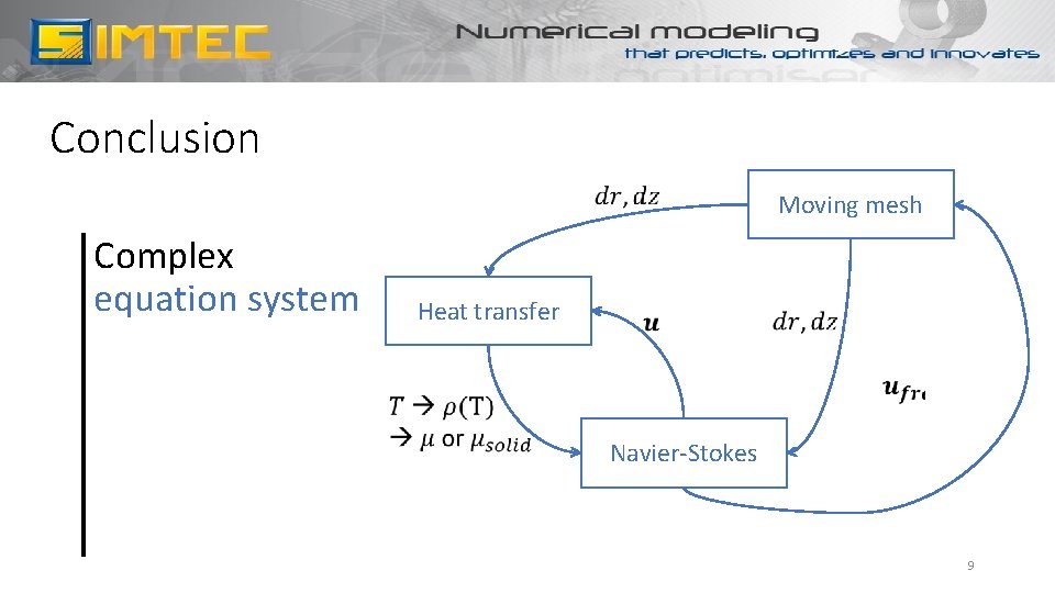 Conclusion Complex equation system Heat transfer Moving mesh Navier-Stokes 9 