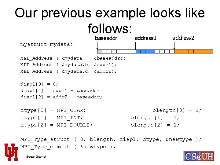 Our previous example looks like follows: address 2 baseaddress 1 mystruct mydata; MPI_Address (