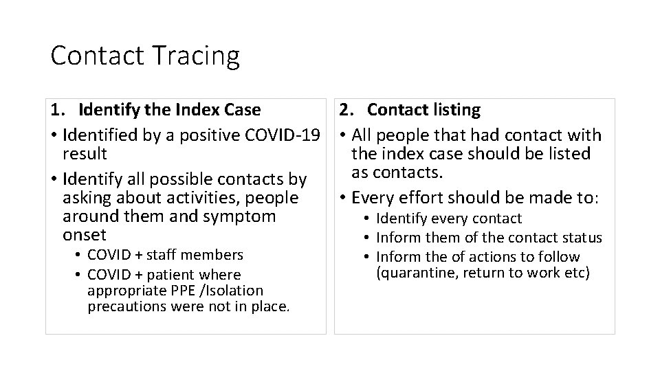 Contact Tracing 1. Identify the Index Case 2. Contact listing • Identified by a
