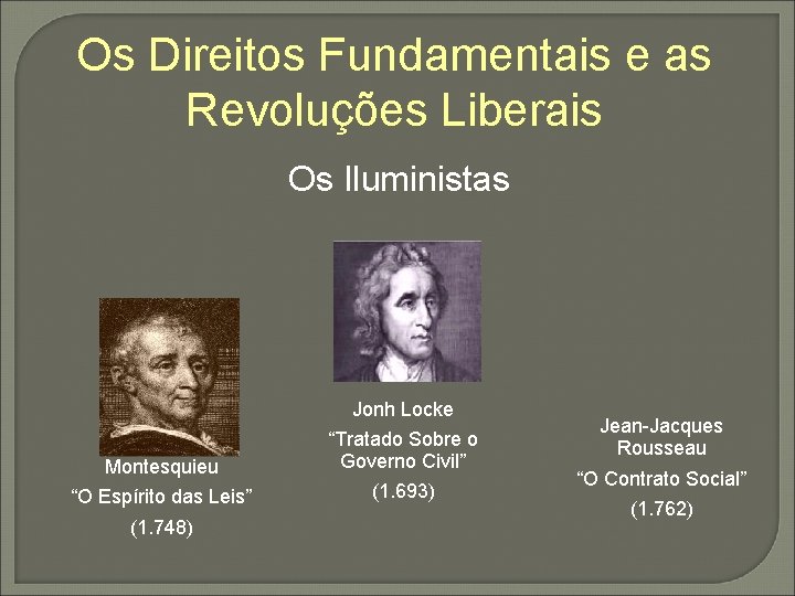 Os Direitos Fundamentais e as Revoluções Liberais Os Iluministas Montesquieu “O Espírito das Leis”
