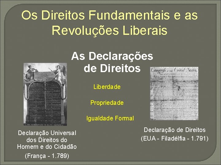Os Direitos Fundamentais e as Revoluções Liberais As Declarações de Direitos Liberdade Propriedade Igualdade