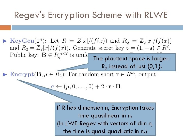 Regev’s Encryption Scheme with RLWE The plaintext space is larger: R 2 instead of