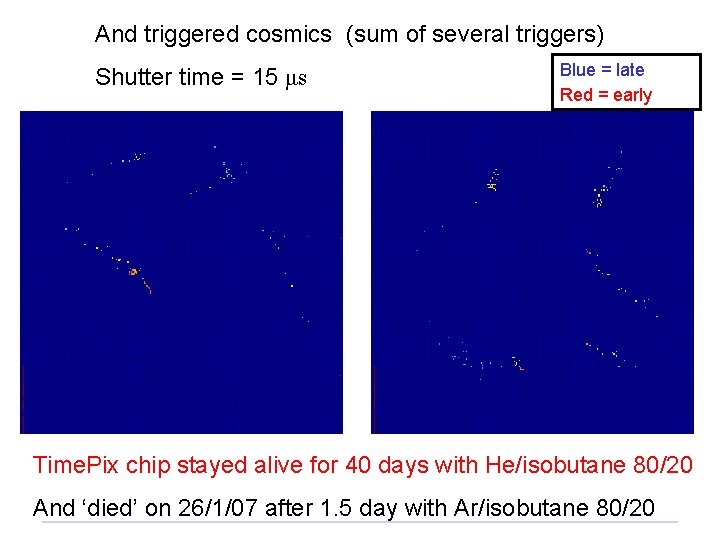And triggered cosmics (sum of several triggers) Shutter time = 15 μs Blue = And triggered cosmics (sum of several triggers) Shutter time = 15 μs Blue =
