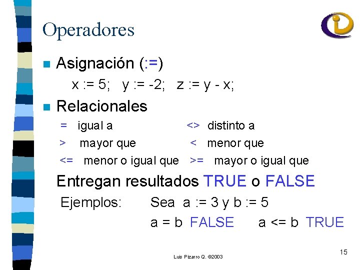 Operadores n Asignación (: =) x : = 5; y : = -2; z