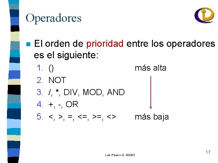 Operadores n El orden de prioridad entre los operadores es el siguiente: 1. 2.