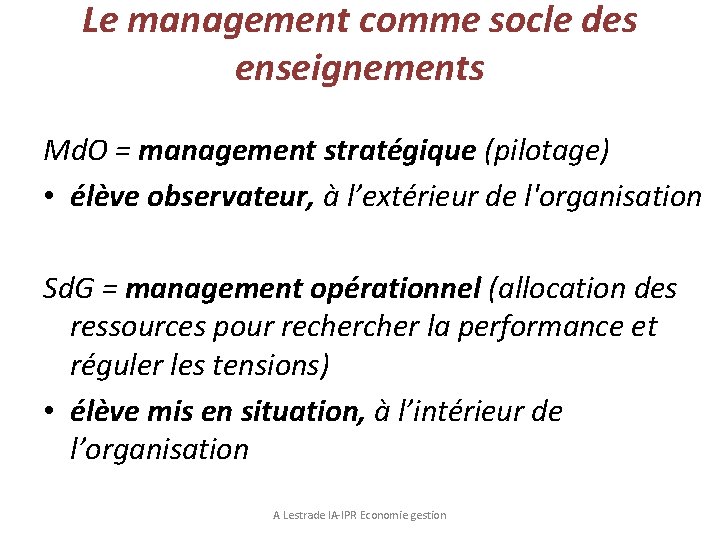 Le management comme socle des enseignements Md. O = management stratégique (pilotage) • élève