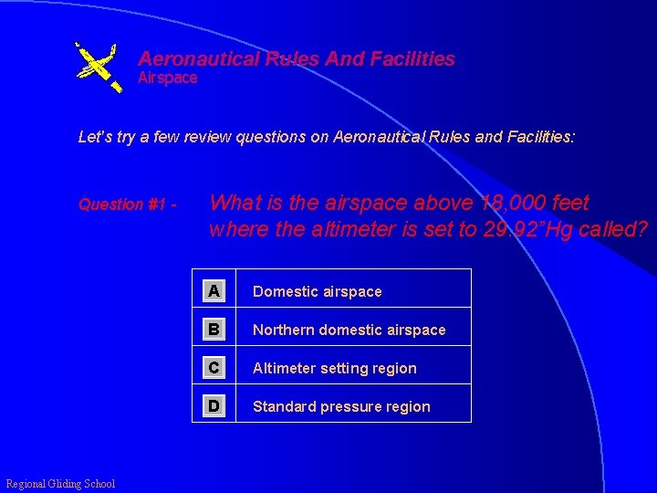 Aeronautical Rules And Facilities Airspace Let's try a few review questions on Aeronautical Rules