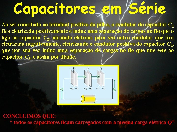 Capacitores em Série Ao ser conectada ao terminal positivo da pilha, o condutor do