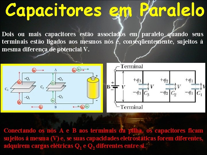 Capacitores em Paralelo Dois ou mais capacitores estão associados em paralelo quando seus terminais
