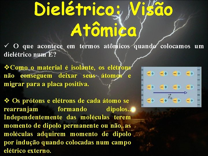 Dielétrico: Visão Atômica ü O que acontece em termos atômicos quando colocamos um dielétrico