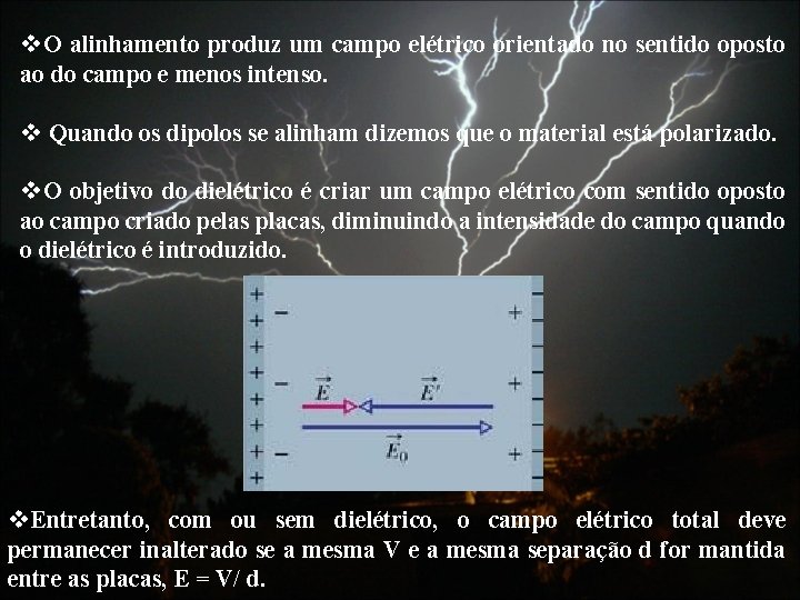 v. O alinhamento produz um campo elétrico orientado no sentido oposto ao do campo