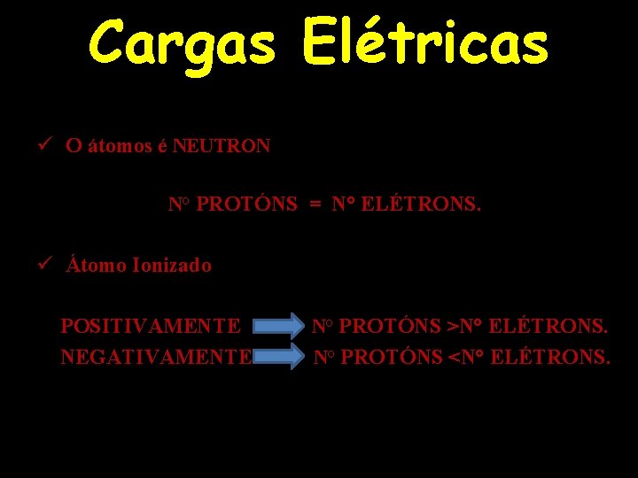 Cargas Elétricas ü O átomos é NEUTRON N° PROTÓNS = N° ELÉTRONS. ü Átomo