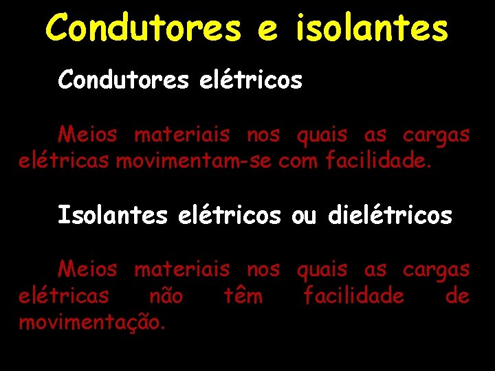 Condutores e isolantes Condutores elétricos Meios materiais nos quais as cargas elétricas movimentam-se com