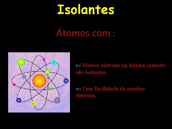 Isolantes Átomos com : Muitos elétrons na última camada são isolantes. Tem facilidade de