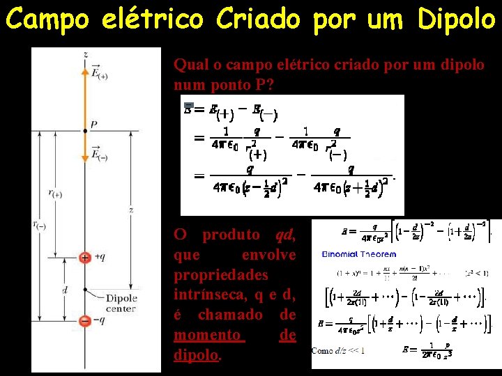 Campo elétrico Criado por um Dipolo Qual o campo elétrico criado por um dipolo