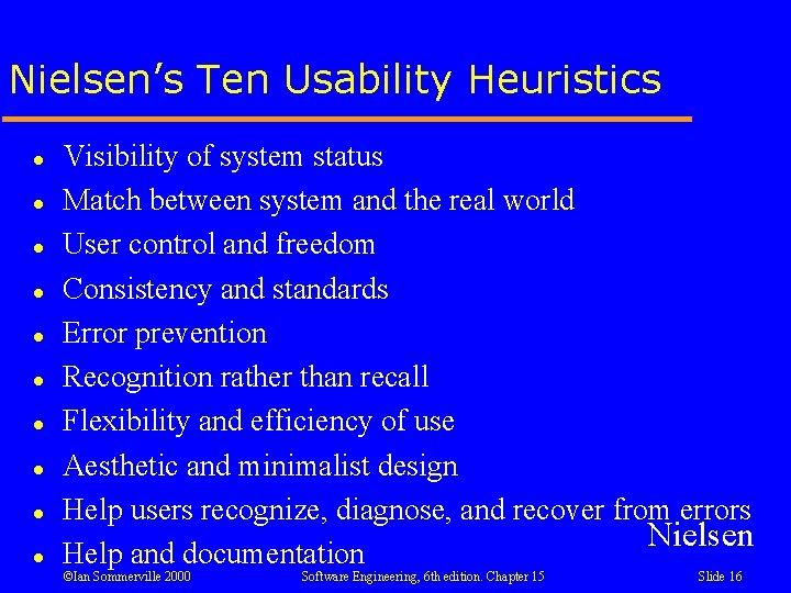 Nielsen’s Ten Usability Heuristics l l l l l Visibility of system status Match Nielsen’s Ten Usability Heuristics l l l l l Visibility of system status Match