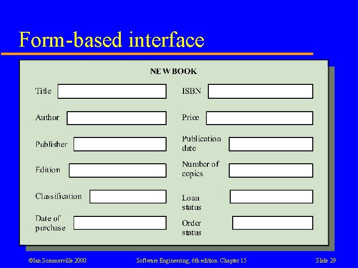 Form-based interface ©Ian Sommerville 2000 Software Engineering, 6 th edition. Chapter 15 Slide 29 Form-based interface ©Ian Sommerville 2000 Software Engineering, 6 th edition. Chapter 15 Slide 29
