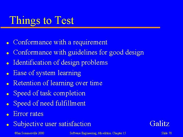 Things to Test l l l l l Conformance with a requirement Conformance with Things to Test l l l l l Conformance with a requirement Conformance with