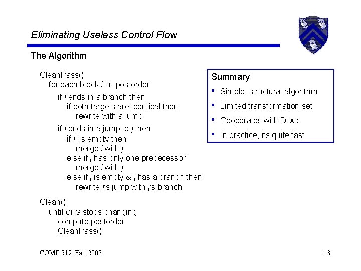 Eliminating Useless Control Flow The Algorithm Clean. Pass() for each block i, in postorder