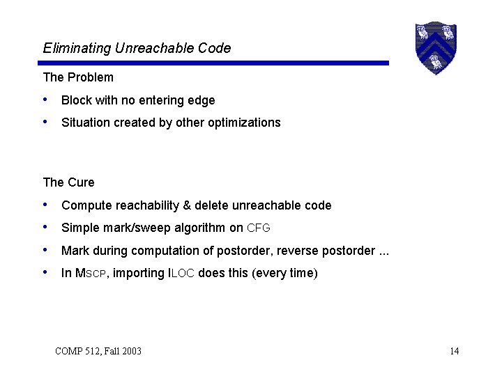 Eliminating Unreachable Code The Problem • Block with no entering edge • Situation created