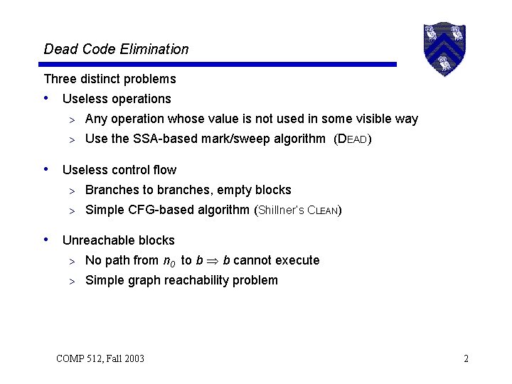 Dead Code Elimination Three distinct problems • Useless operations > Any operation whose value