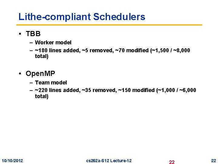 Lithe-compliant Schedulers • TBB – Worker model – ~180 lines added, ~5 removed, ~70