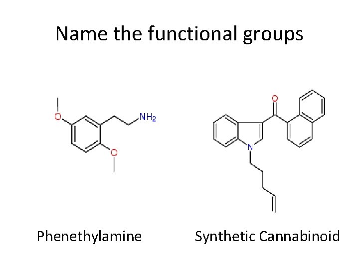 Name the functional groups Phenethylamine Synthetic Cannabinoid 