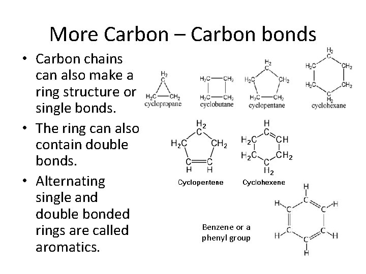 More Carbon – Carbon bonds • Carbon chains can also make a ring structure