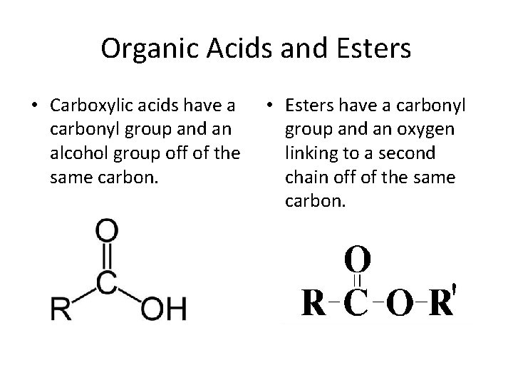 Organic Acids and Esters • Carboxylic acids have a carbonyl group and an alcohol
