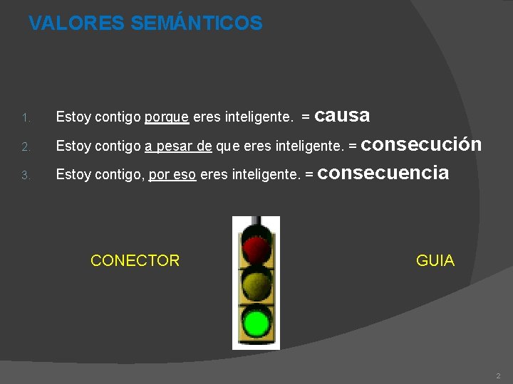 VALORES SEMÁNTICOS 1. Estoy contigo porque eres inteligente. = causa 2. Estoy contigo a
