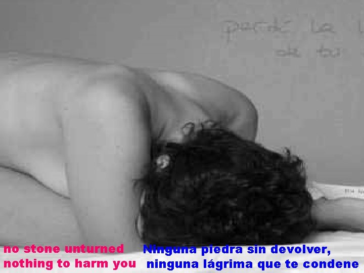 no stone unturned Ninguna piedra sin devolver, nothing to harm you ninguna lágrima que