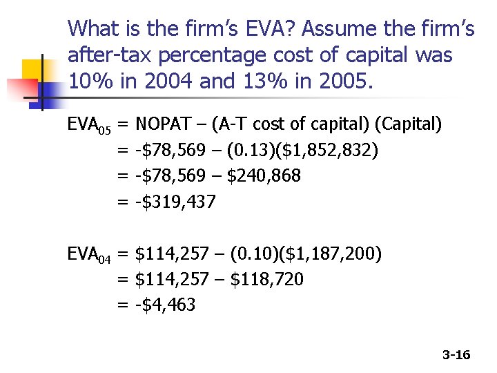 What is the firm’s EVA? Assume the firm’s after-tax percentage cost of capital was