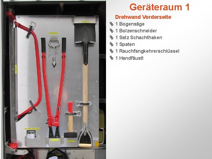 Geräteraum 1 Drehwand Vorderseite 1 Bogensäge 1 Bolzenschneider 1 Satz Schachthaken 1 Spaten 1